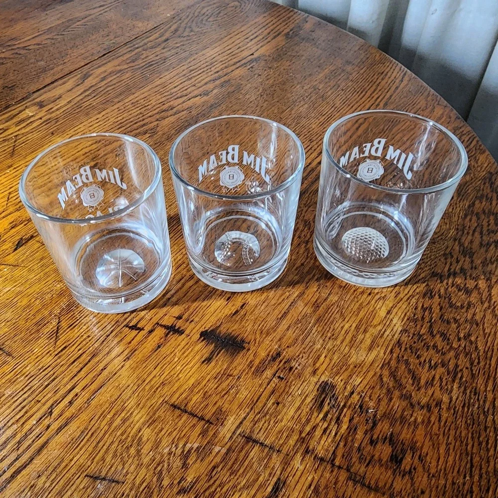 3 Jim Beam Etched Whiskey Glasses - Basketball,Golfball Baseball On bottom
